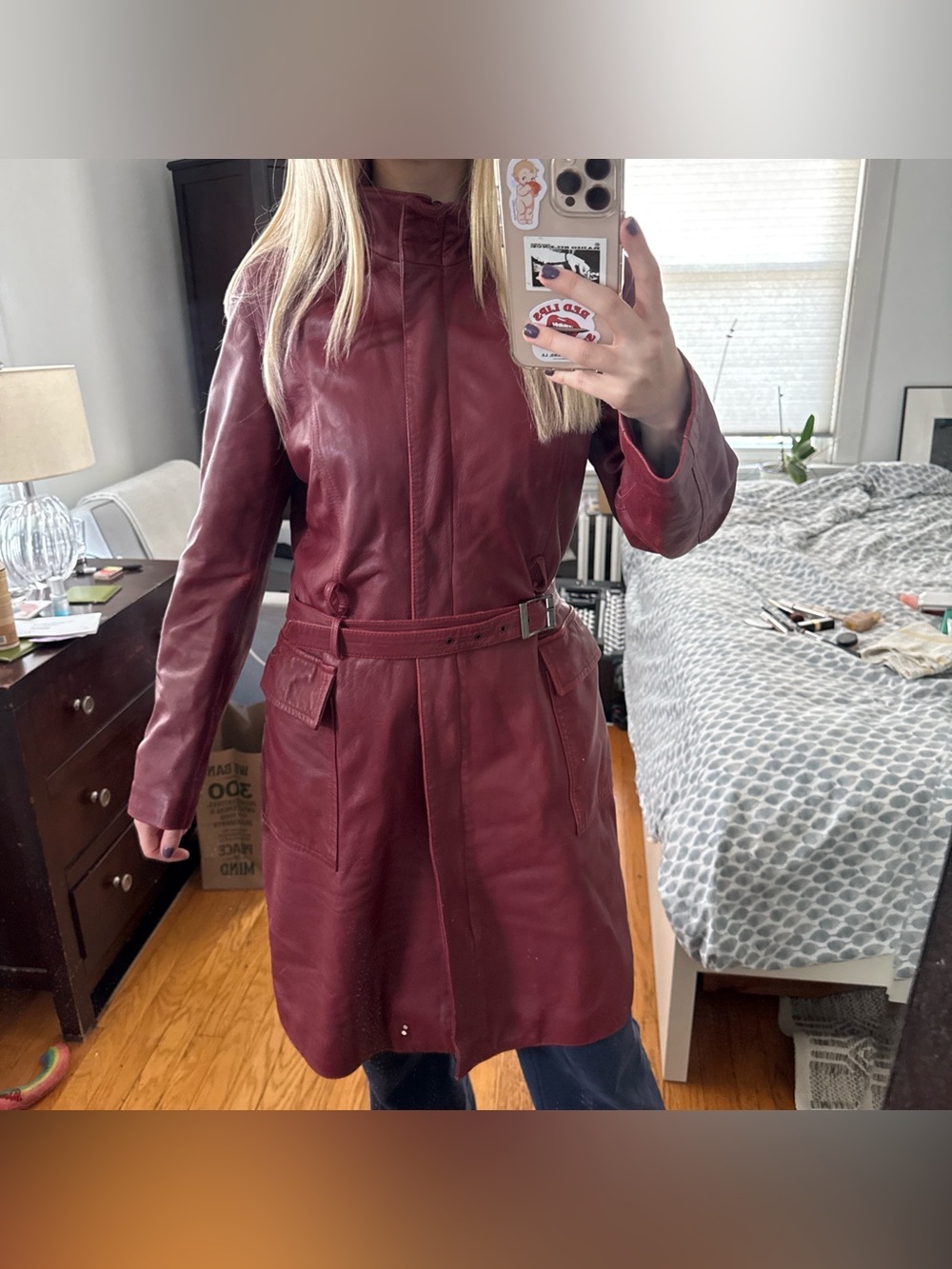 Women's Burgundy Leather Belted Trench Coat
